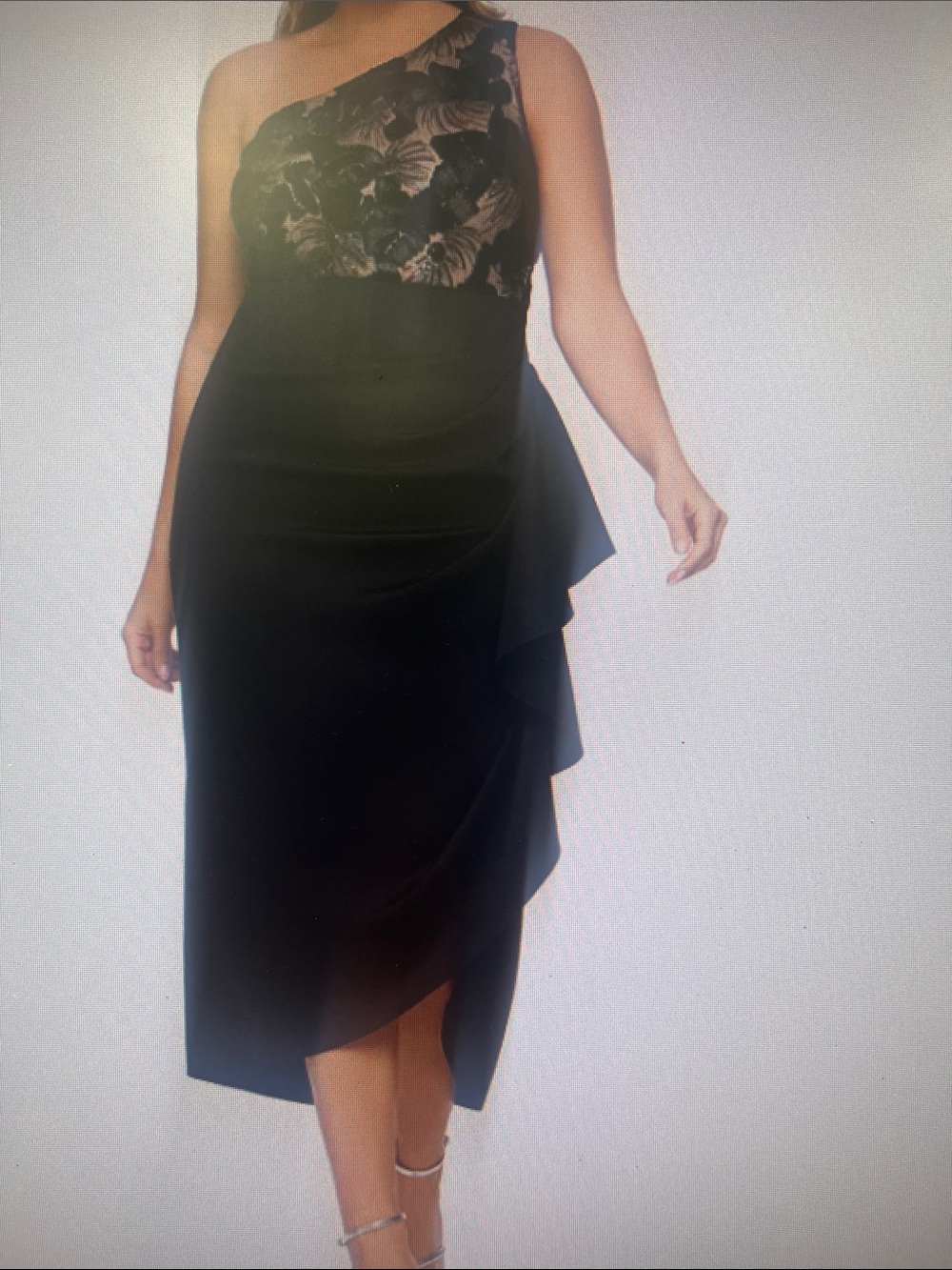 Betsy & Adam Black One-Shoulder Midi Dress with Floral Bodice Accent